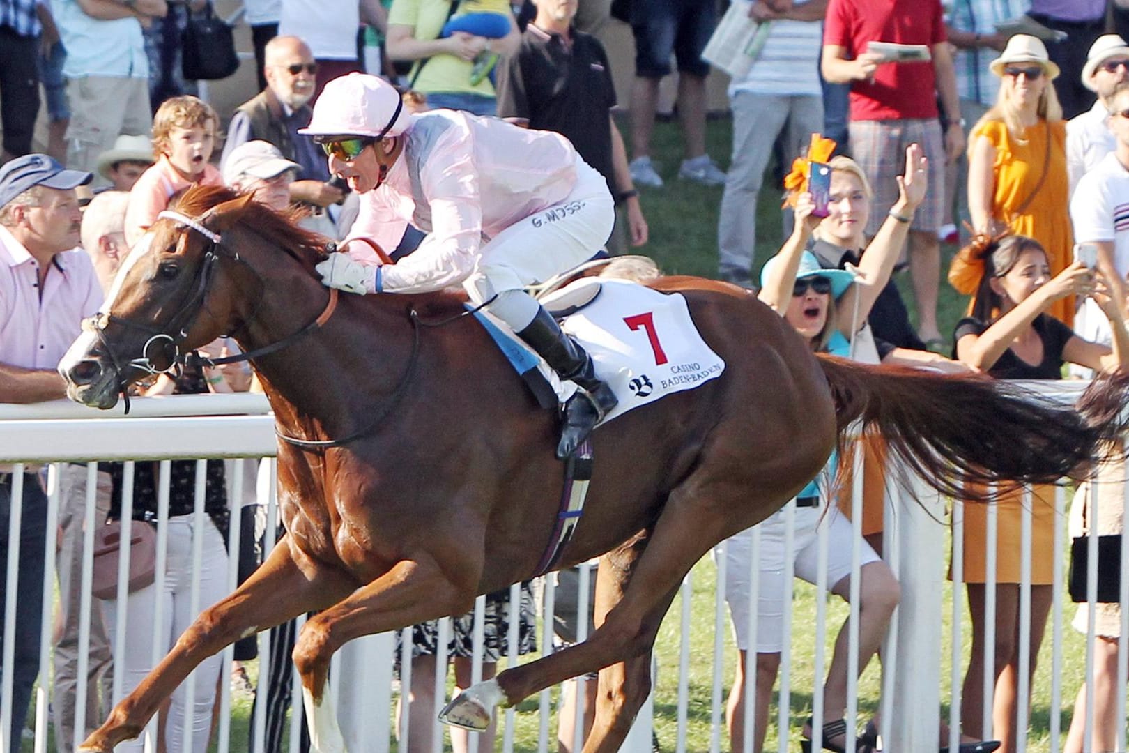 Die Stute Royal Intervention im Galopp: Sie gewann mit Jockey Gerald Mossé die Goldene Peitsche bei der Großen Woche in Iffezheim.