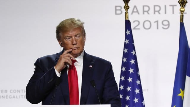 Donald Trump während der abschließenden Pressekonferenz des G7-Gipfels in Biarritz. Donald Trump während der abschließenden Pressekonferenz des G7-Gipfels in Biarritz.