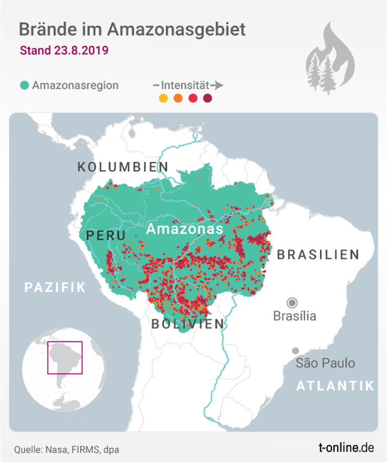 Brände im Amazonasgebiet: Die Feuer wüten in mehreren Ländern Südamerikas.