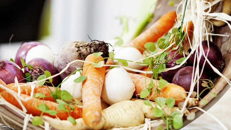 Gemüse: Karotten, Zwiebeln, Pastinaken und anderes Wurzelgemüse sind eine gute Grundlage für selbstgemachte Gemüsebrühe.