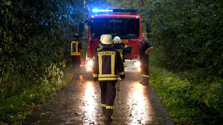 Schleswig-Holstein, Aukrug-Homfeld: Männer der Freiwilligen Feuerwehr sind nach einem heftigen Gewitterregen im Einsatz.