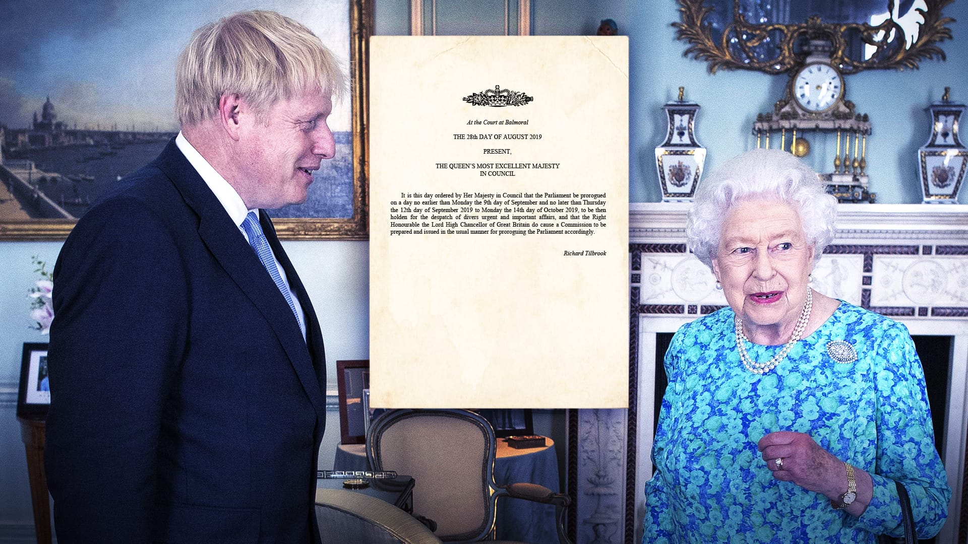 Boris Johnson und Königin Elisabeth II. mit dem Dokument des Kronrats: Die Queen billigt die Zwangspause.