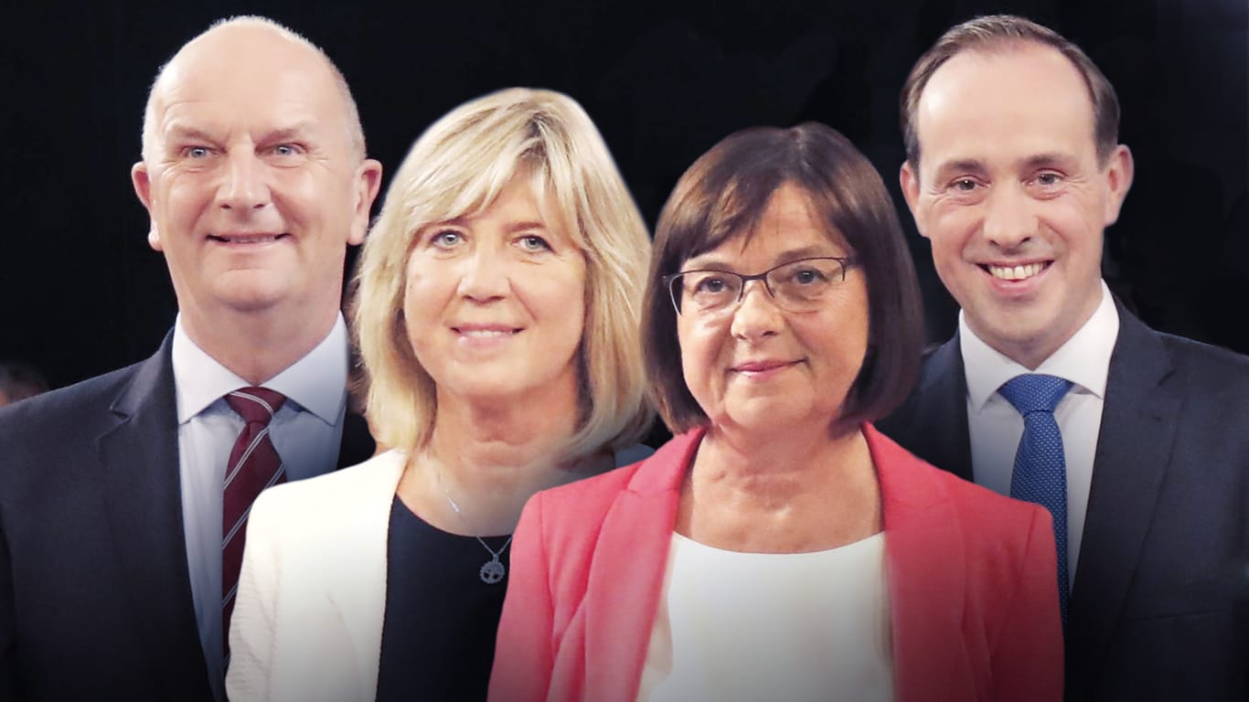 Die Kandidaten der wahrscheinlichsten Regierungsparteien in Brandenburg: ( v.l.) Dietmar Woidke (SPD), Kathrin Dannenberg (Linke), Ursula Nonnemacher (Grüne) und Ingo Senftleben (CDU).