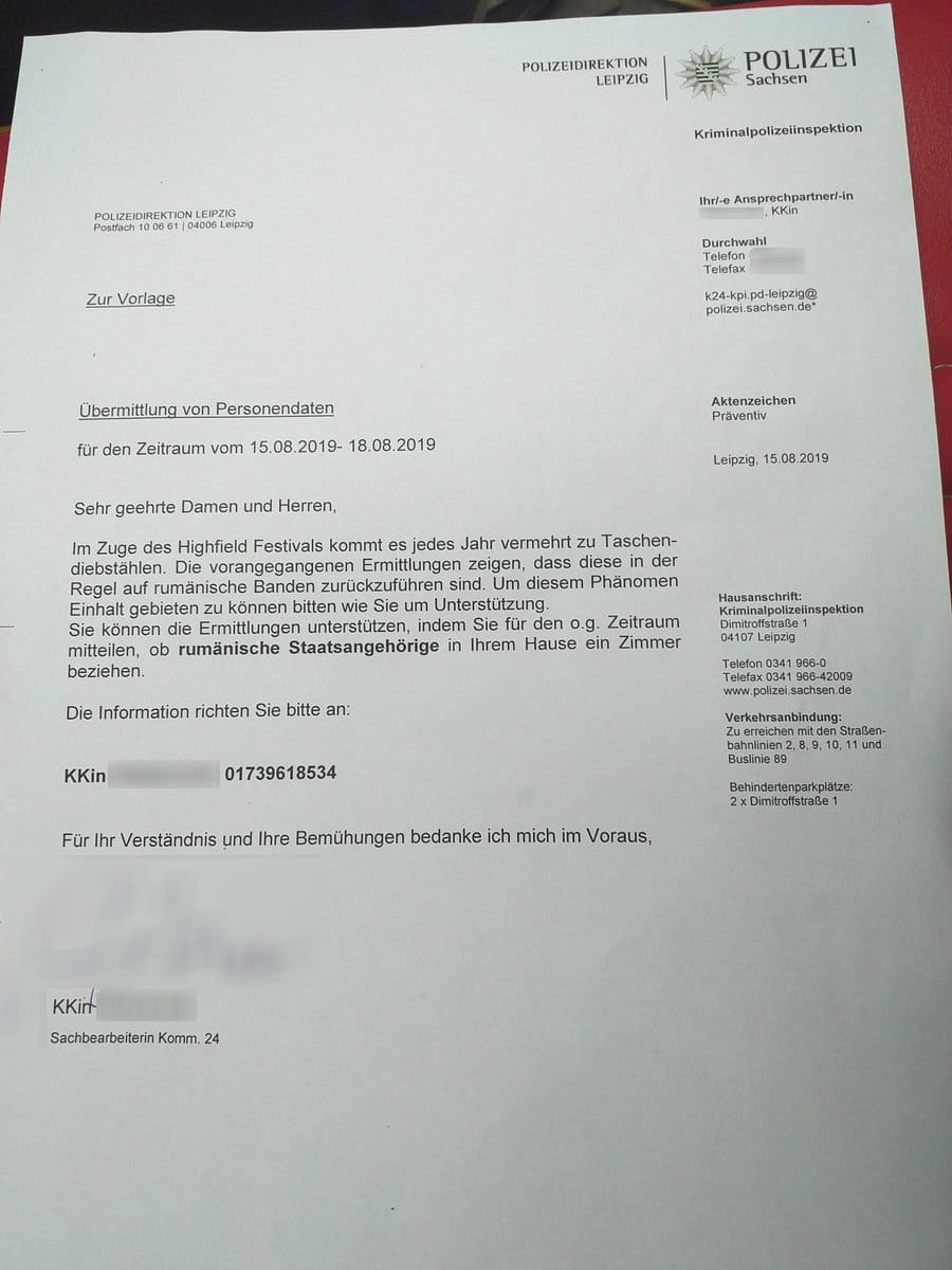 Das Schreiben der Polizei an Übernachtungsbetriebe im Raum Leipzig. Nachdem es vollkommen ohne Unkenntlichmachung von Daten der Sachbearbeiterin im Netz stand, erhielt die Kommissarin viele Nachrichten.