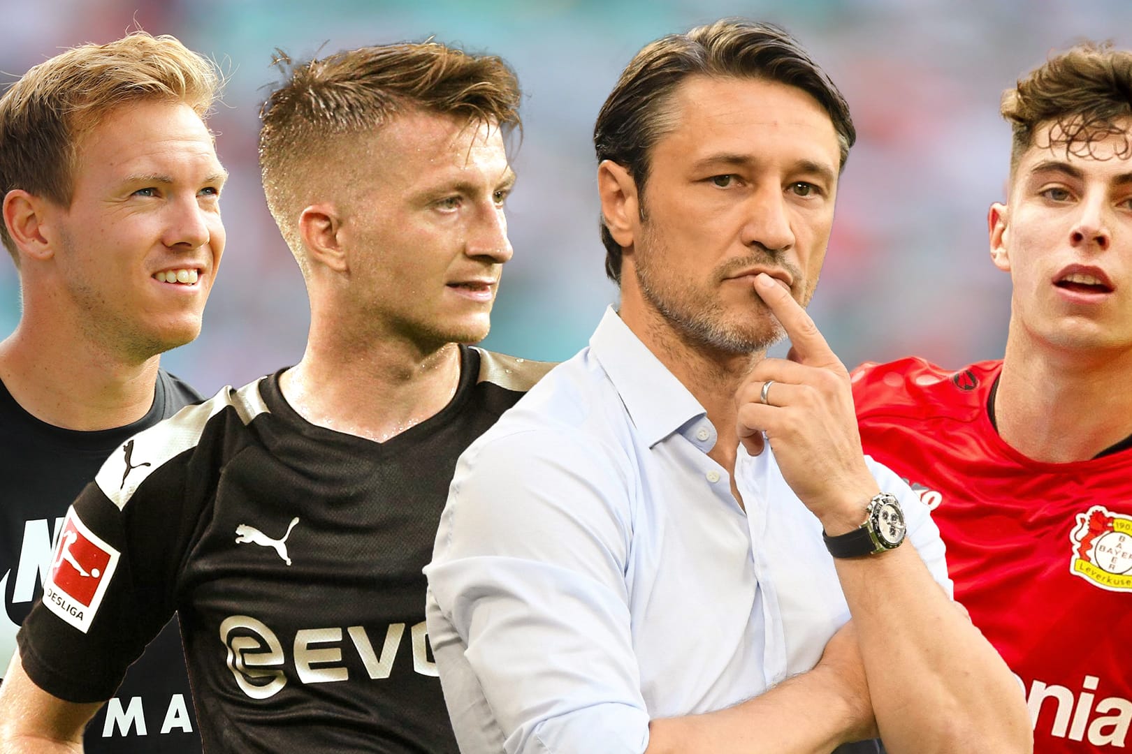 Mit ihren Teams in der Champions League am Start: (v. l.) Leipzigs Julian Nagelsmann, Dortmunds Marco Reus, Bayerns Niko Kovac und Leverkusens Kai Havertz.