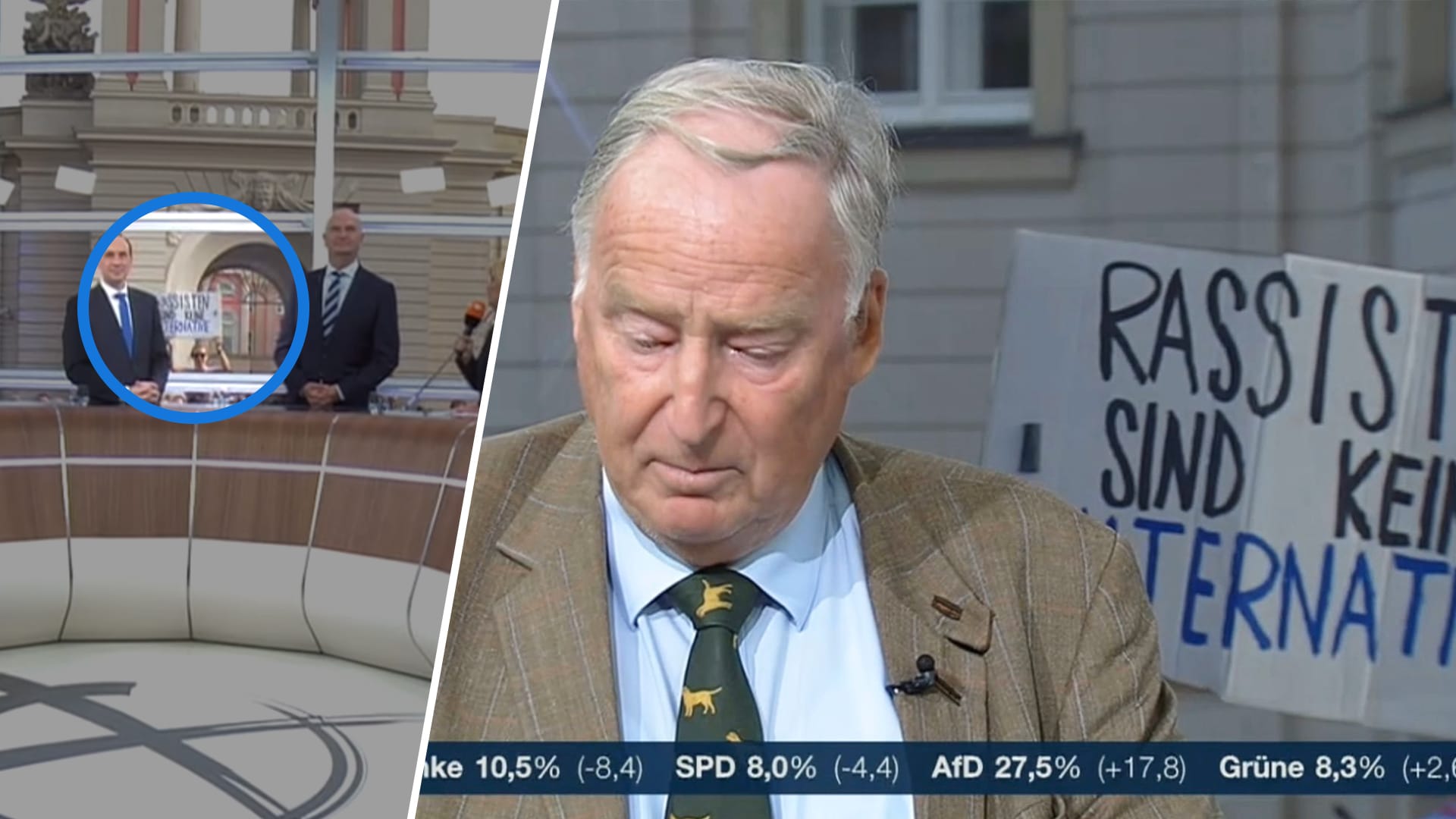 Alexander Gauland von der Partei, die sich "Alternative für Deutschland" nennt, vor dem Schild "Rassisten sind keine Alternative".