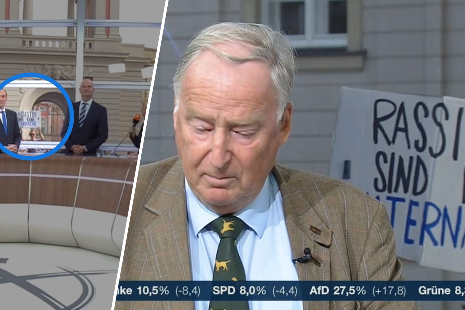 Alexander Gauland von der Partei, die sich "Alternative für Deutschland" nennt, vor dem Schild "Rassisten sind keine Alternative".