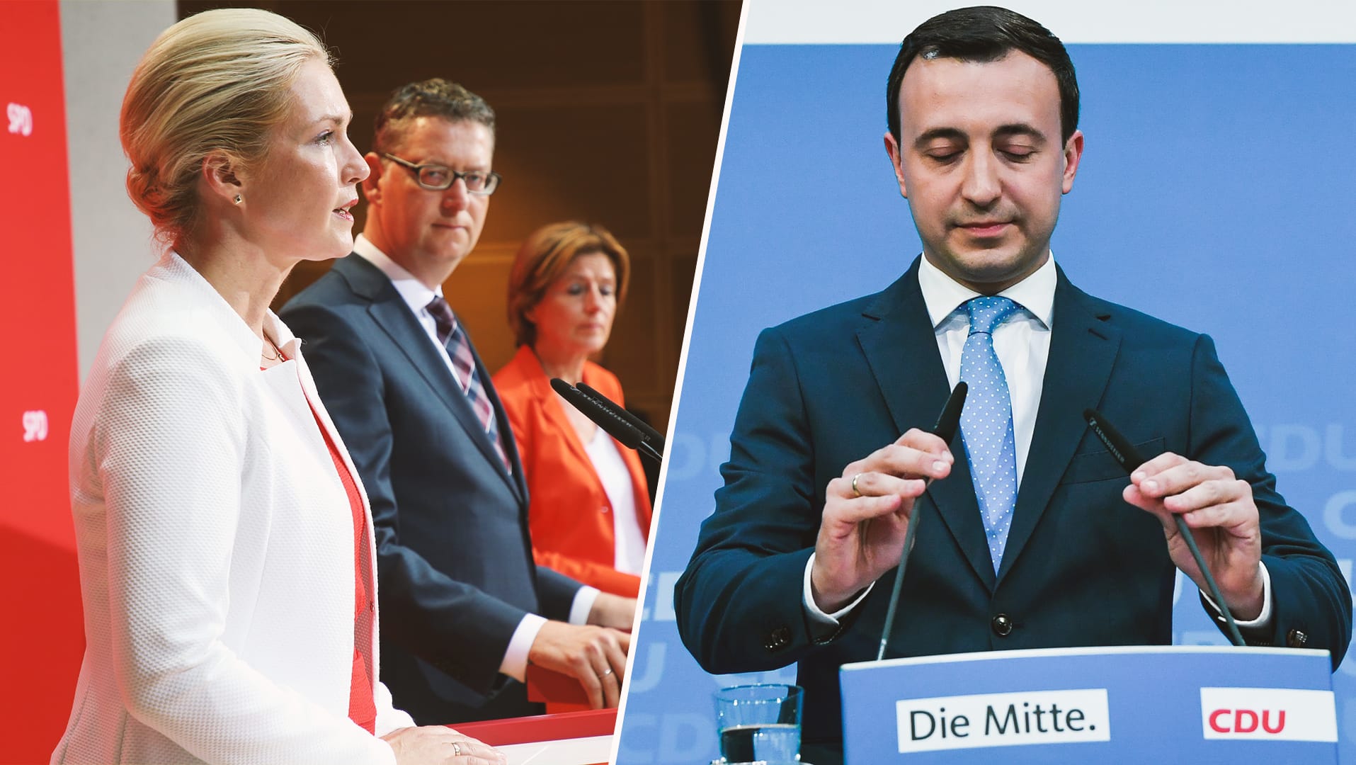 Die SPD-Interims-Chefs Schwesig, Schäfer-Gümbel und Dreyer (v.l.) und CDU-Generalsekretär Paul Ziemiak