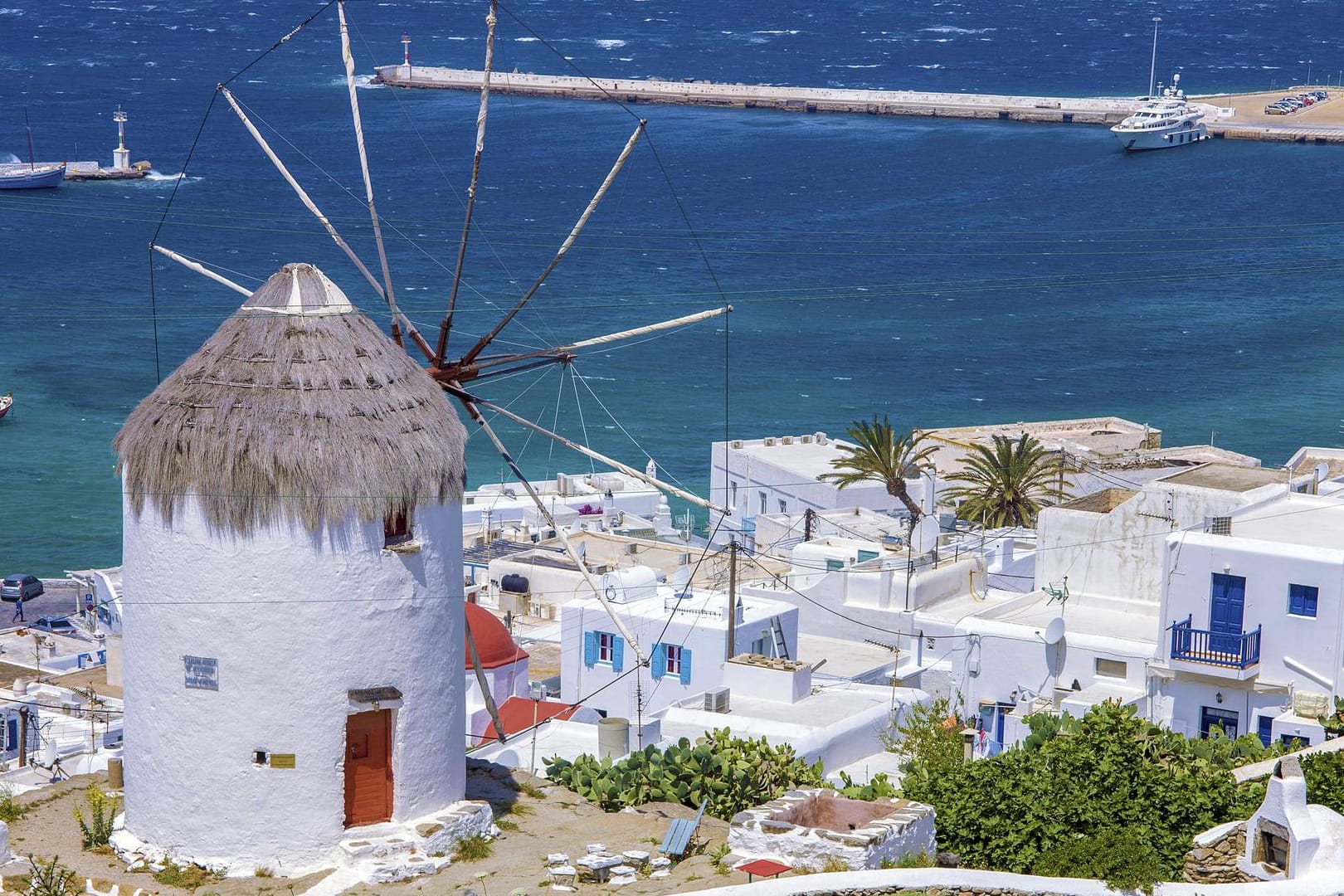 Ausblick auf Windmühle und alten Hafen: Mykonos-Stadt macht vor allem wegen seiner hohen Preise Schlagzeilen.