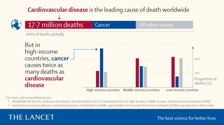 Grafik: Das Diagramm zeigt den Zusammenhang zwischen den häufigsten Todesursachen und dem Lebensstandard.