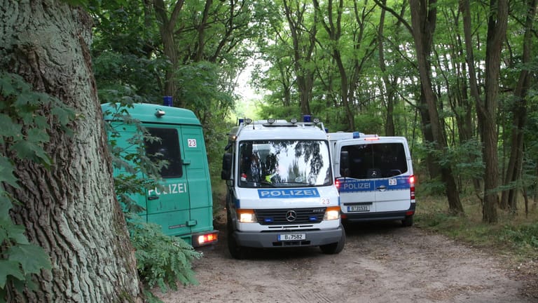Fahrzeuge der Berliner Polizei in einem Wald bei Kummersdorf: Hier wurde die neue Suchaktion gestartet.