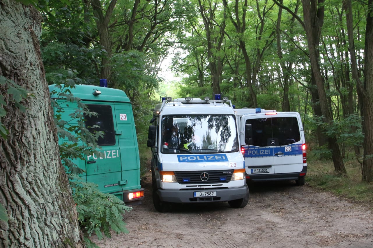 Fahrzeuge der Berliner Polizei in einem Wald bei Kummersdorf: Hier wurde die neue Suchaktion gestartet.