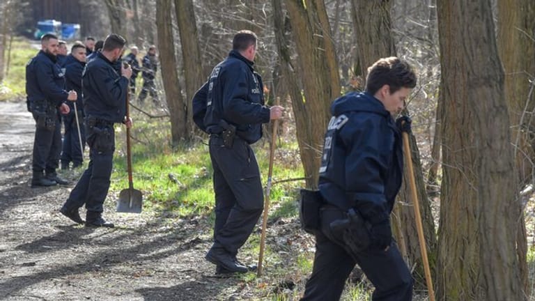 Eine Hundertschaft der Berliner Polizei sucht im März in einem Waldstück bei Storkow (Landkreis Oder-Spree) nach der vermissten Rebecca.