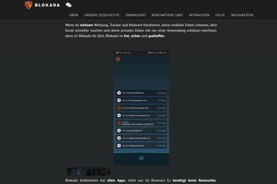 Auf ihrer Webseite erklären die Entwickler die Funktionsweise der App: Berechtigte und wichtige Verbindungen lässt Blokada dank Voreinstellungen und Filterlisten zu, Tracking wird rigoros blockiert.