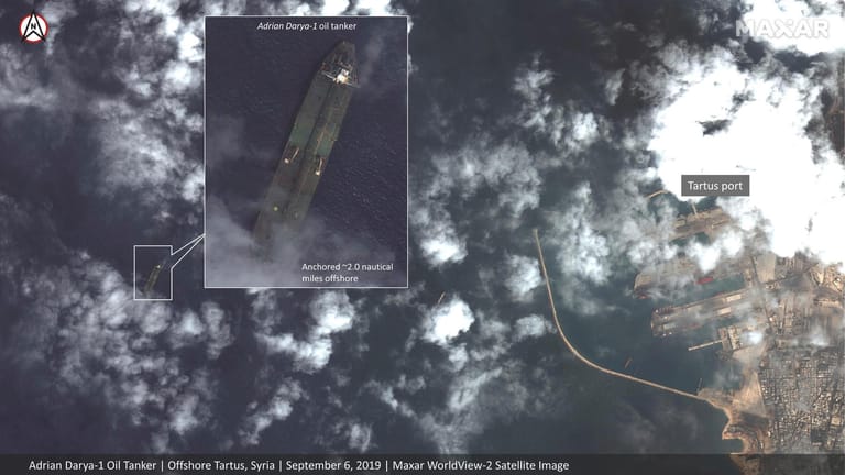 Auf dieser Satellitenaufnahme soll der iranische Öltanker Adrian Darya 1 vor dem syrischen Mittelmeerhafen Tartus zu sehen sein.