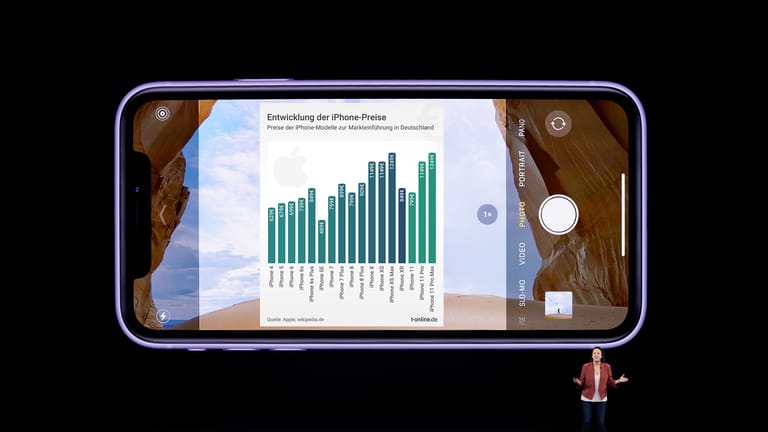 Ein neues iPhone bei der Apple-Präsentation mit einer Grafik reinretuschiert: Apple zeigte am Dienstag das iPhone-11-Modelle.