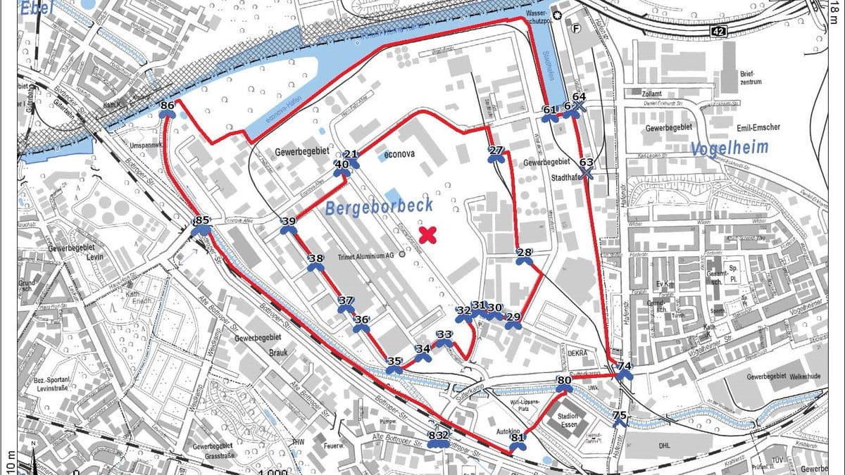 Eine Karte von Essen: In dem inneren roten Kreis müssen die Anwohner evakuiert werden, im äußeren sich in geschlossenen Räumen aufhalten.