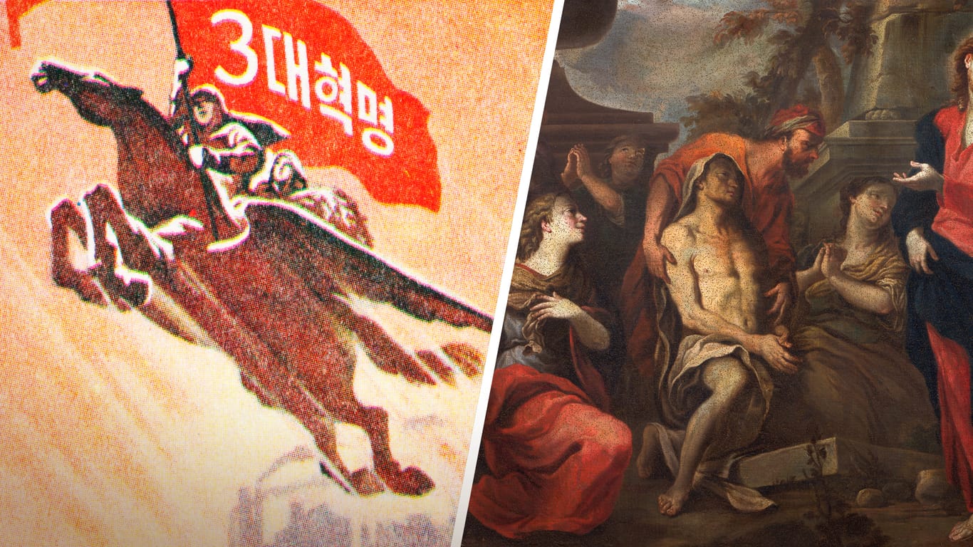 Darstellungen des mythischen Pferdes Cheollima und der biblischen Lazarus-Erzählung: Nordkoreanische Hackergruppen eignen sich die Mythen an – nun stehen sie auf Sanktionslisten der USA.