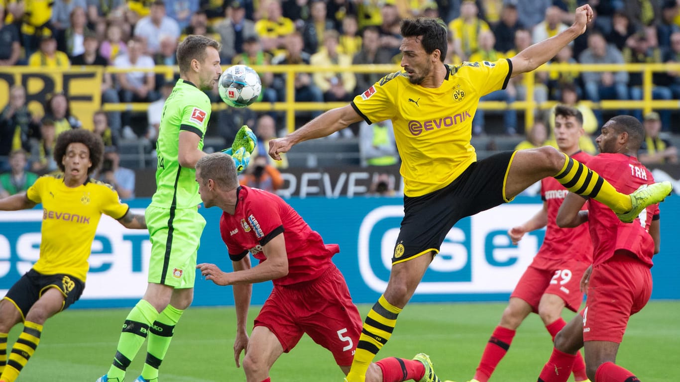 Dortmunds Mats Hummels (M.) verpasst den Ball, Leverkusens Torwart Lukas Hradecky kann fangen: Der BVB dominierte die erste Hälfte nach Anfangsschwierigkeiten.