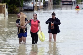 Ein Hund muss nach heftigen Regenfällen über eine überflutete Straße durch den Ort El Raal im Murcia getragen werden.