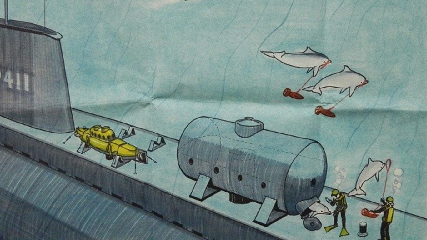 Die Illustration einer "Oxygas"-Operation: Delfine sollten menschliche Taucher ersetzen und etwa Sprengstoff an Schiffen anbringen.