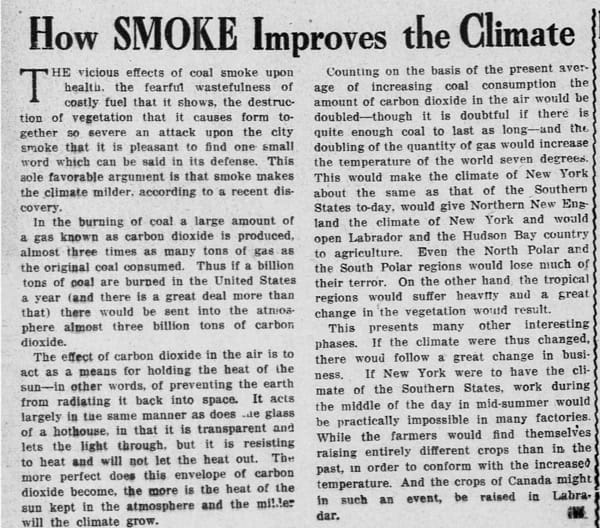 "Wie Rauch das Klima verbessert": Ein Artikel des "Chicago Sunday Examiner" vom 7. Juli 1912.
