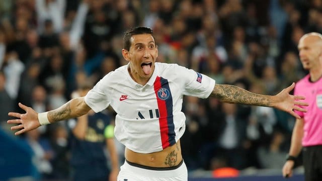 Angel Di Maria von Paris Saint-Germain feiert sein zweites Tor gegen Real Madrid. Angel Di Maria von Paris Saint-Germain feiert sein zweites Tor gegen Real Madrid.