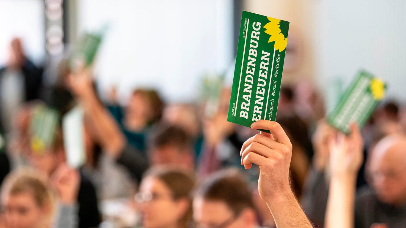 Delegierte halten auf dem kleinen Parteitag der Bündnis 90/Die Grünen Brandenburg Stimmzettel in die Höhe: Der Landesdelegiertenrat hat sich für die Aufnahme von Koalitionsgesprächen entschieden.