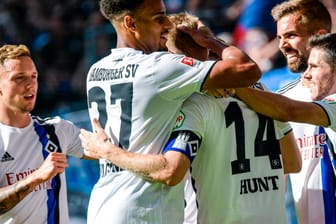 Hamburgs Spieler feiern den Treffer zum 4:0 gegen Aue.