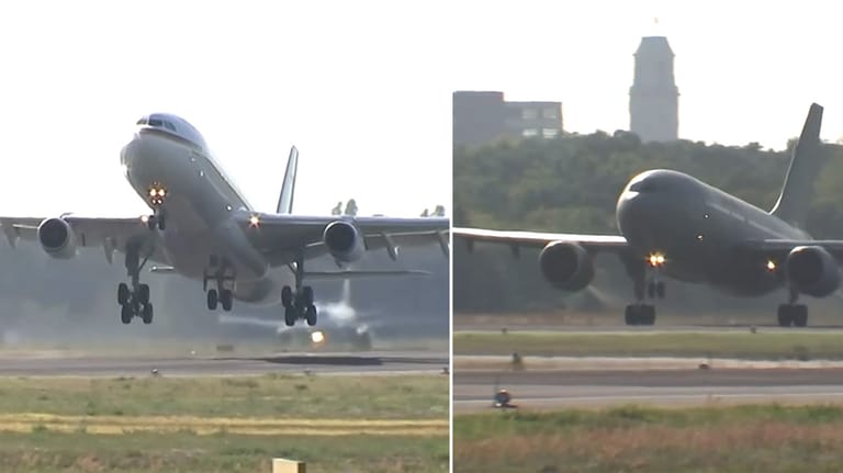 USA-Reise in getrennten Maschinen: Kanzlerin Merkel (im linken Flieger) hob am Sonntag nur 23 Minuten vor Annegret Kramp-Karrenbauer (Bild rechts) ab.