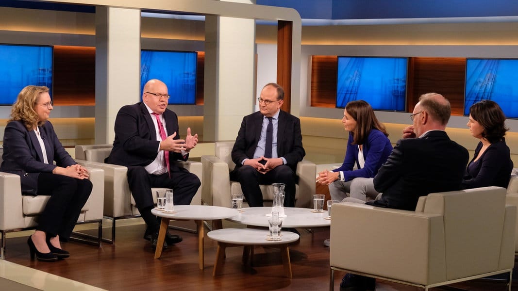 Peter Altmaier, Annalena Baerbock, Ottmar Edenhofer, Bernd Ulrich und Claudia Kemfert diskutieren das Klimapaket bei "Anne Will".