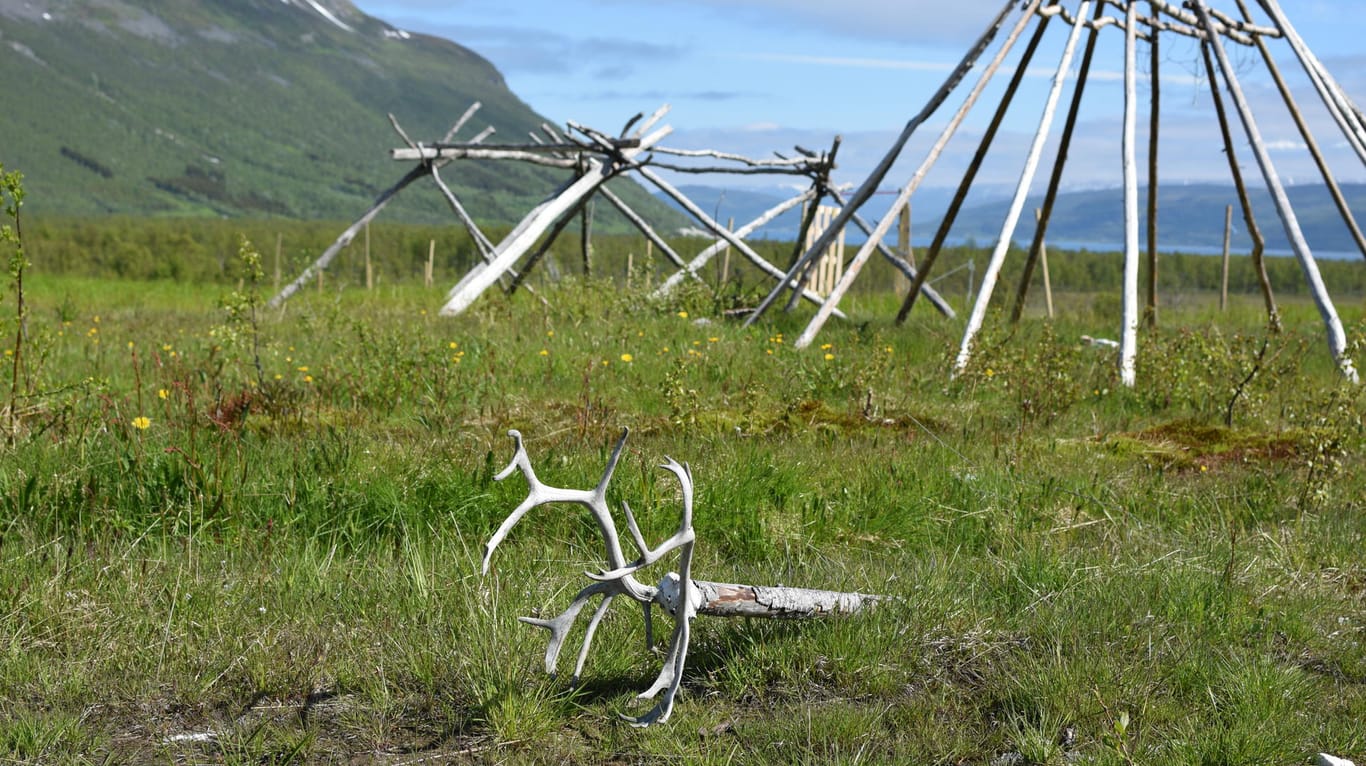 Streben eines Lavvu im Camp von Tromso Lapland: Im Sommer ist das Camp der Rentierfarm verlassen, weil die Tiere im Süden des Landes sind.