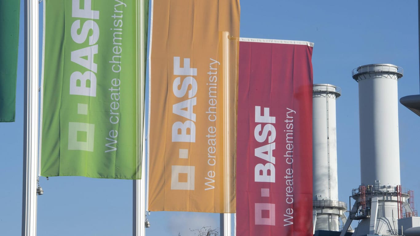 Flaggen mit dem BASF-Logo vor dem Werk: Bisher gingen Insider von einem Verkauf Mitte 2020 aus.