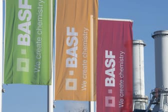 Flaggen mit dem BASF-Logo vor dem Werk: Bisher gingen Insider von einem Verkauf Mitte 2020 aus.
