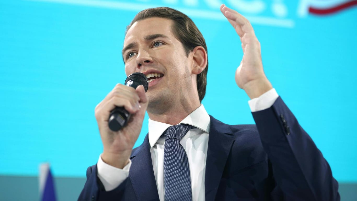 Parlamentswahl in Österreich: ÖVP-Chef und Spitzenkandidat Sebastian Kurz spricht am Wahlabend in Wien zu seine Anhängern.