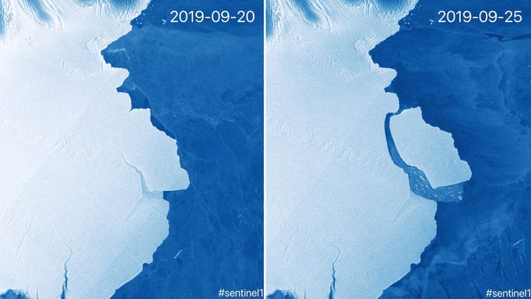 Vor und nach dem "Kalben": In der Antarktis ist ein riesiger Eisberg abgebrochen.