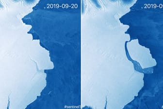 Vor und nach dem "Kalben": In der Antarktis ist ein riesiger Eisberg abgebrochen.