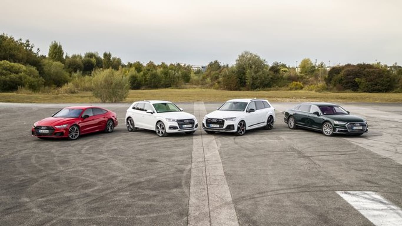 Die großen Audi-Modelle A7 (l-r), Q5, Q7 und A8 gibt es bald auch wieder mit einem Plug-In-Hybrid als Antrieb.