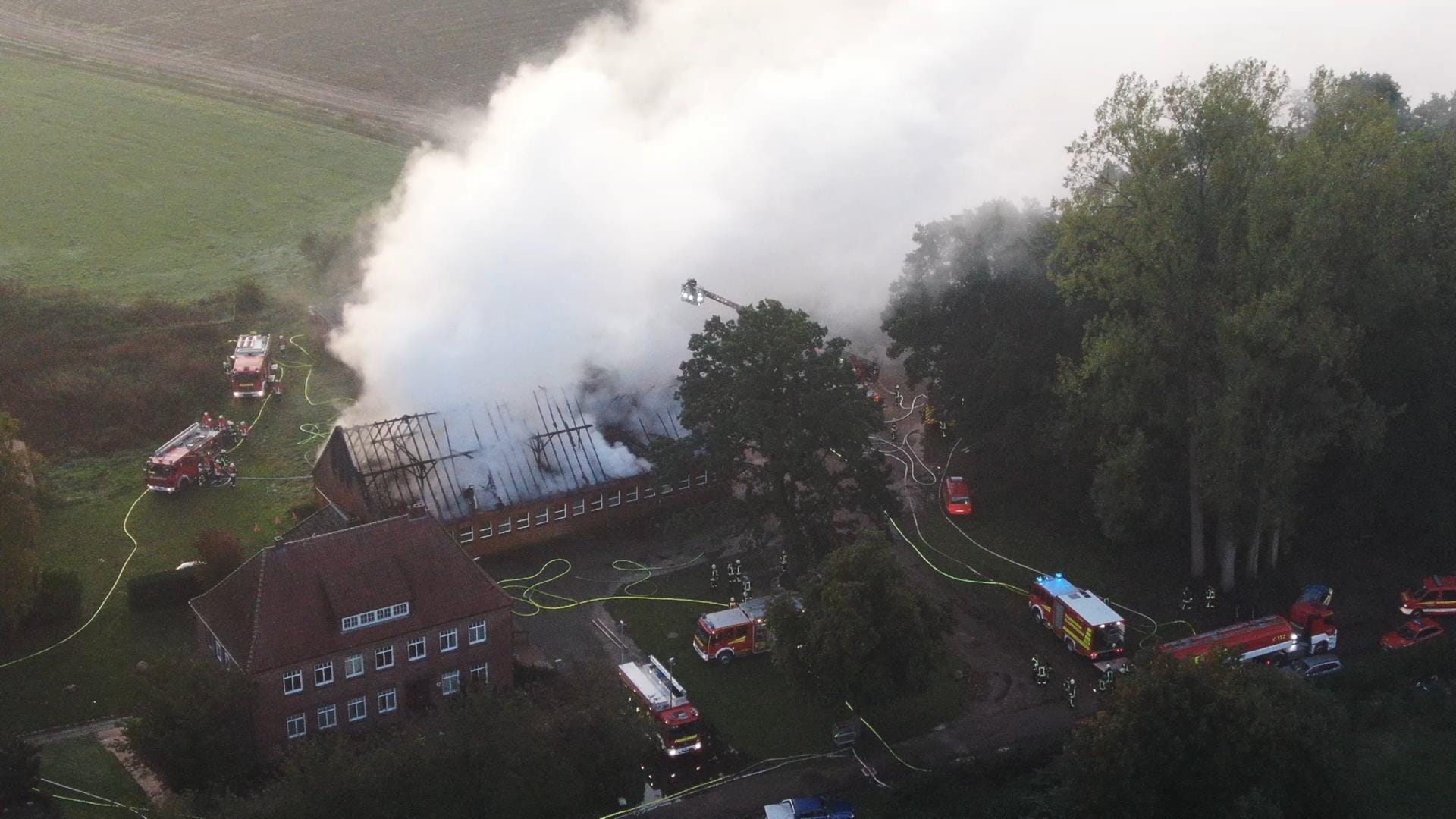 Rauch steigt aus dem Gerippe des ehemaligen Schweinestalls auf: 360 Ferkel sind in dem Feuer verendet.