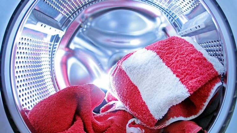 Wäsche liegt in einer Waschmaschine: Auch bei hohen Temperaturen können Erreger an Stellen wie Schublade, Pumpe oder Tür überleben.