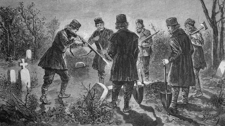 Jagd auf einen vermeintlichen Vampir: Stich aus Rumänien (um 1893). Die Angst vor Untoten herrschte allerdings auch in den USA.
