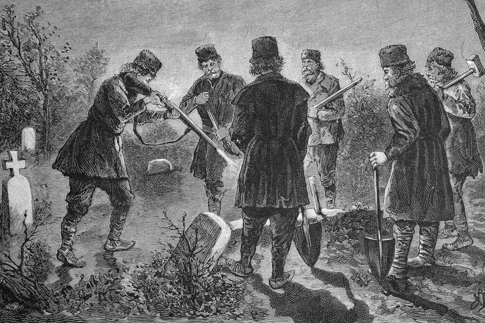 Jagd auf einen vermeintlichen Vampir: Stich aus Rumänien (um 1893). Die Angst vor Untoten herrschte allerdings auch in den USA.