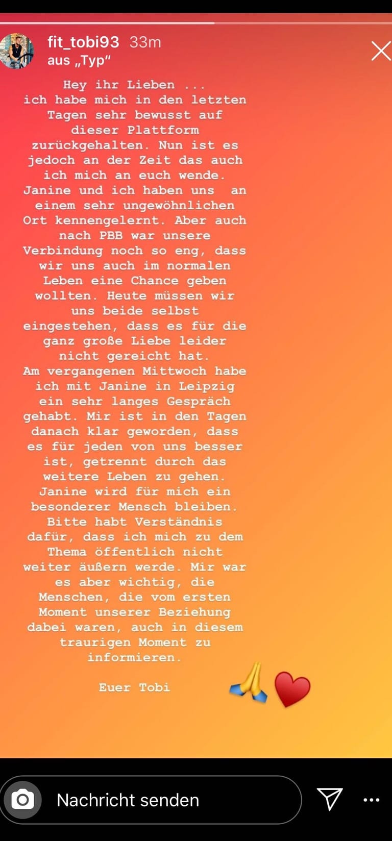 Tobi Wegeners Statement auf Instagram: Zu den Vorwürfen sagt der Realtiy-Star nichts, sondern bestätigt das Liebes-Aus.