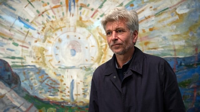 Karl Ove Knausgård vor Munchs Bild "Die Sonne" aus dem Jahr 1912. Karl Ove Knausgård vor Munchs Bild "Die Sonne" aus dem Jahr 1912.