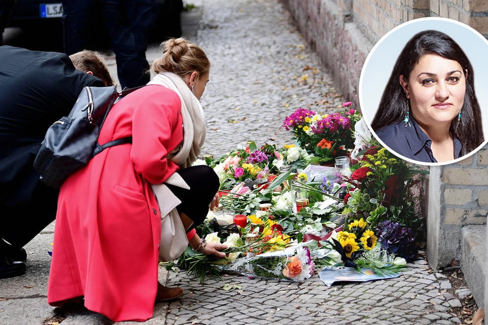 Passanten legen am Ort des Anschlags in Halle Blumen nieder: Eine solche Tat war in Deutschland leider absehbar, meint Kolumnistin Lamya Kaddor.