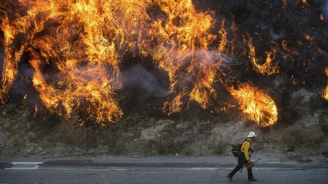 Ein Feuerwehrmann passiert im kalifornischen Newhall eine Wand aus Flammen. Ein Feuerwehrmann passiert im kalifornischen Newhall eine Wand aus Flammen.