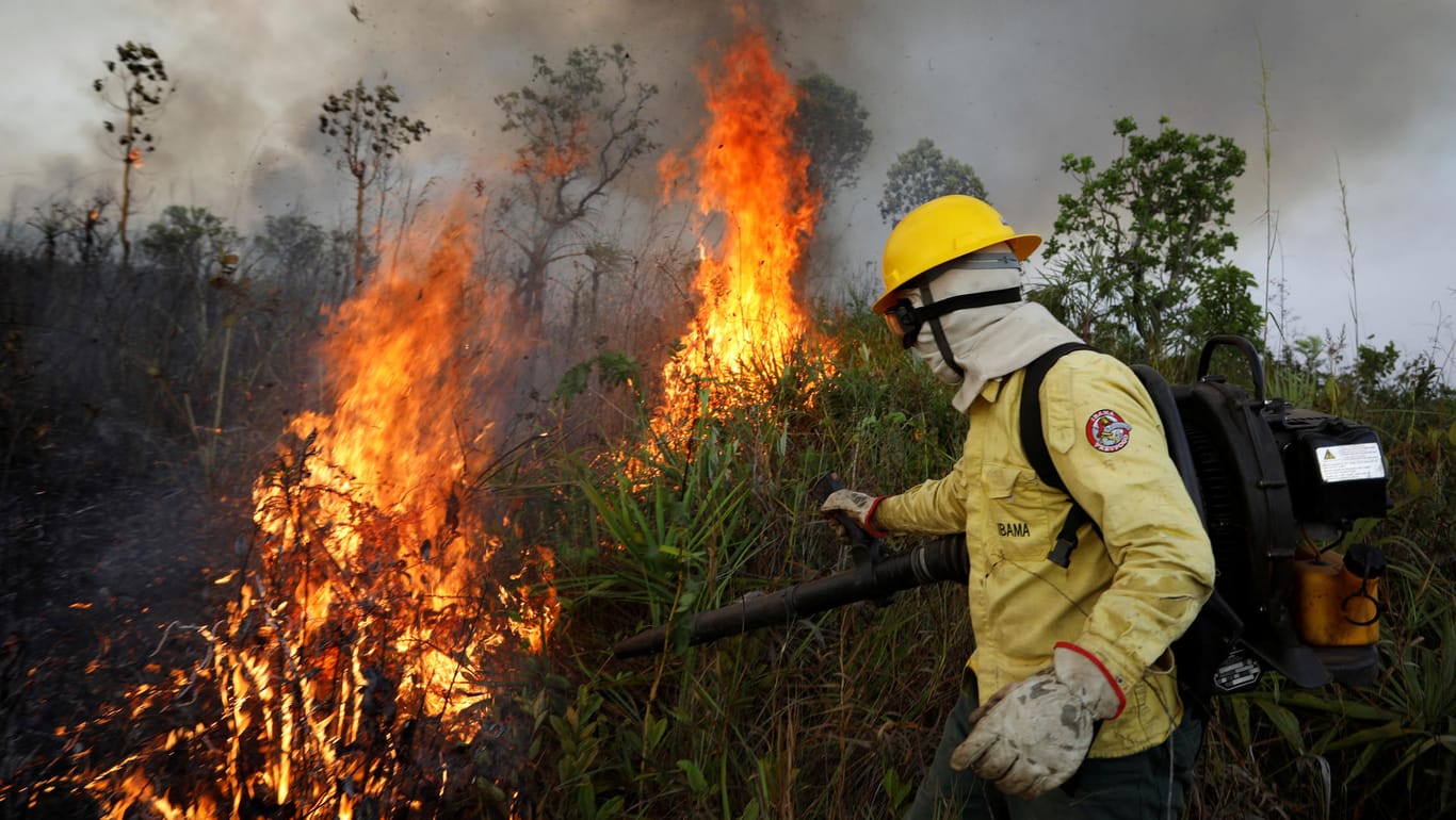 Feuer in der Region Tenharim Marmelos im Amazonasgebiet: Ein Feuerwehrmann kämpft gegen die Flammen.