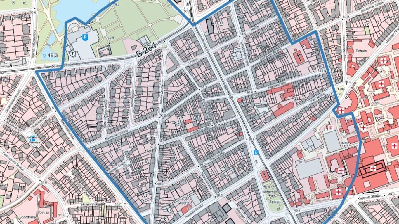 Eine Karte von Köln: In dem blau markierten Bereich mussten alle Anwohner ihre Häuser verlassen.