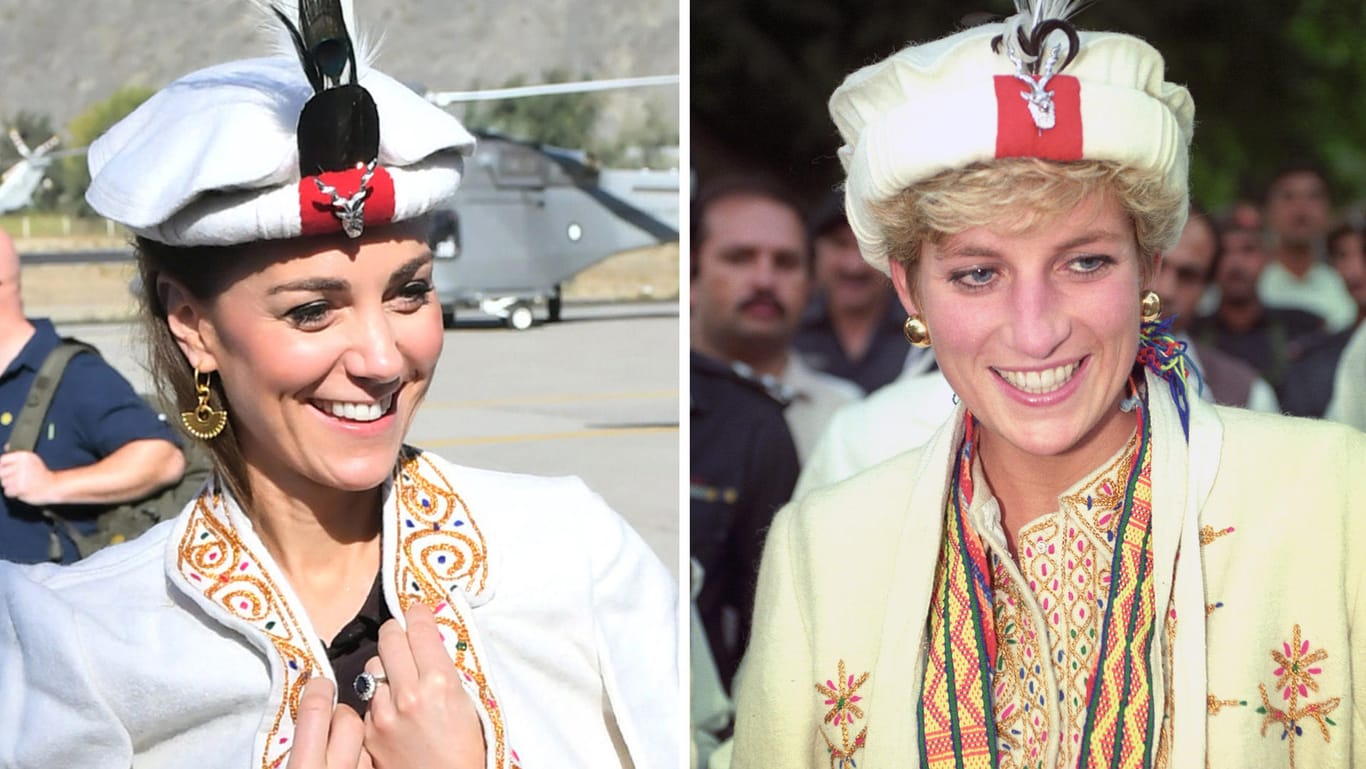 Herzogin Kate mit traditionellem Hut am 16. Oktober 2019 bei der Ankunft in einem Dorf im Chitral-Tal in Pakistan. Auf der rechten Seite sieht man Prinzessin Diana mit der gleichen Kopfbedeckung. Das Foto wurde am 26. September 1991 in der North West Frontier Province Town in Pakistan aufgenommen, wo sie zum Ehrenmitglied der Chitral Scouts ernannt worden war.