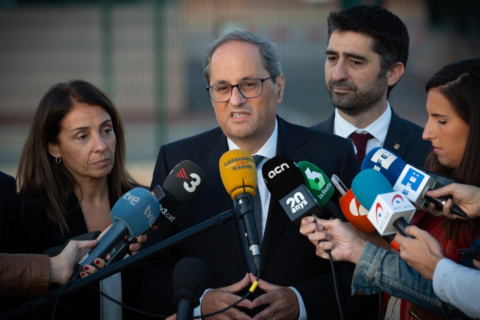 Quim Torra spricht vor Journalisten: Der Regionalpräsident von Katalonien wünscht sich friedliche Proteste gegen die Verurteilung der Separatistenführer.
